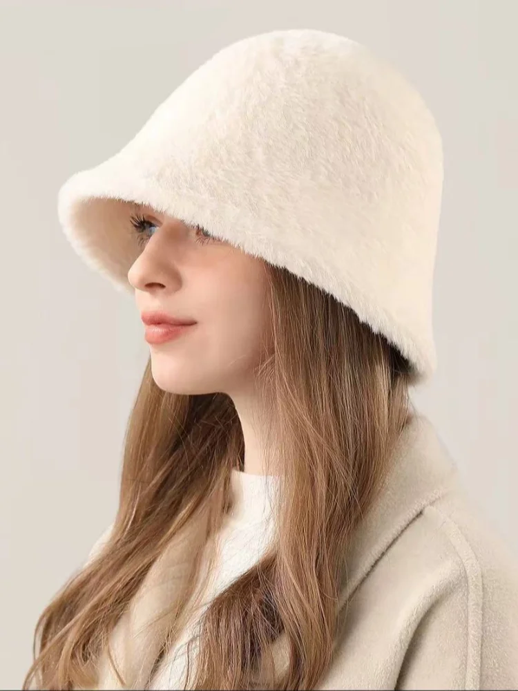 Women's Winter Plush Fur Bucket Hat Korean Solid Color Rabbit Hair Warm Fashion Versatile Outdoors Soft Dome women bucket hat women hat bucket hat