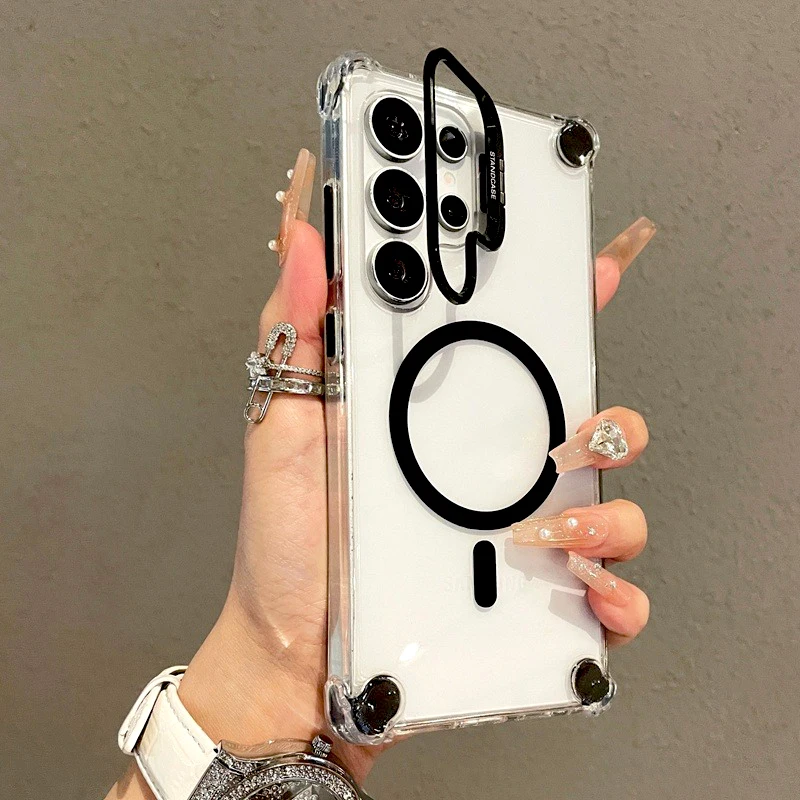 Luxury Transparent Case with MagSafe Wireless Charging Stand Cover