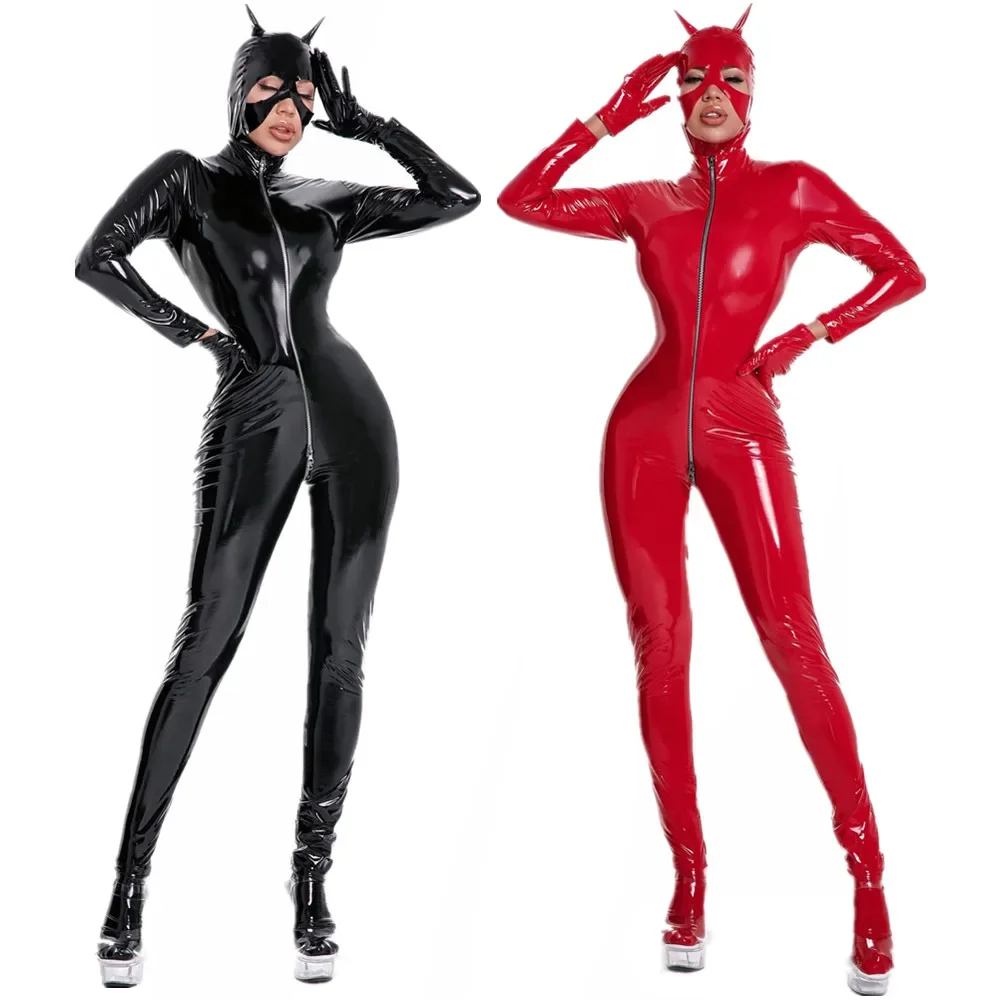 

Женский блестящий кожаный комбинезон на молнии, с длинным рукавом и открытой промежностью