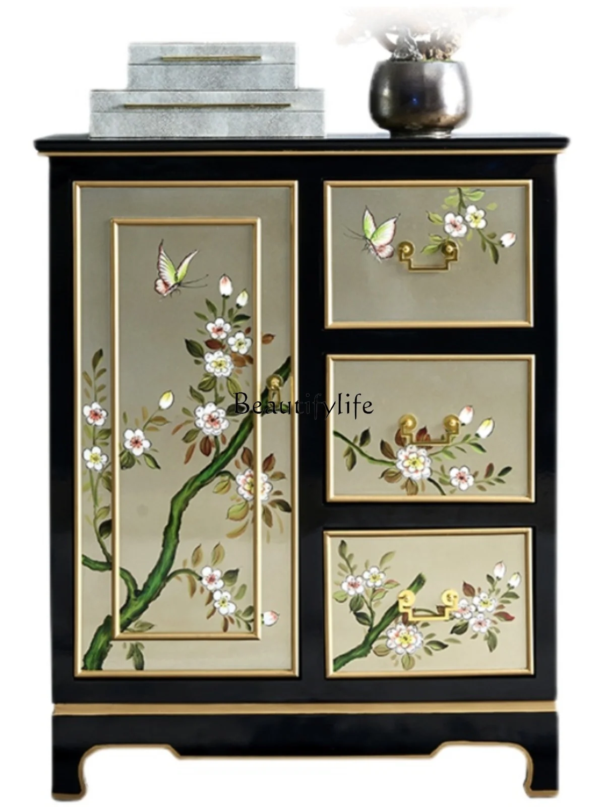 

New Chinese Style Silver Foil Painted Solid Wood Entrance Cabinet Simple Modern Light Luxury Dining Edge Curio Cabinet