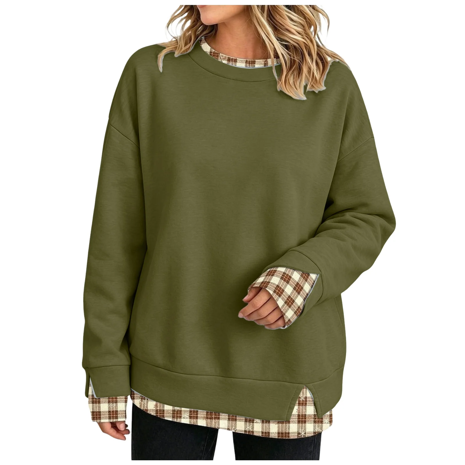Crew Neck Sweatshirts Women Cute Long Sleeve Oversized Sweatshirt Plaid Pullove In Layered Tunic Drop Medium Weight Hoodie