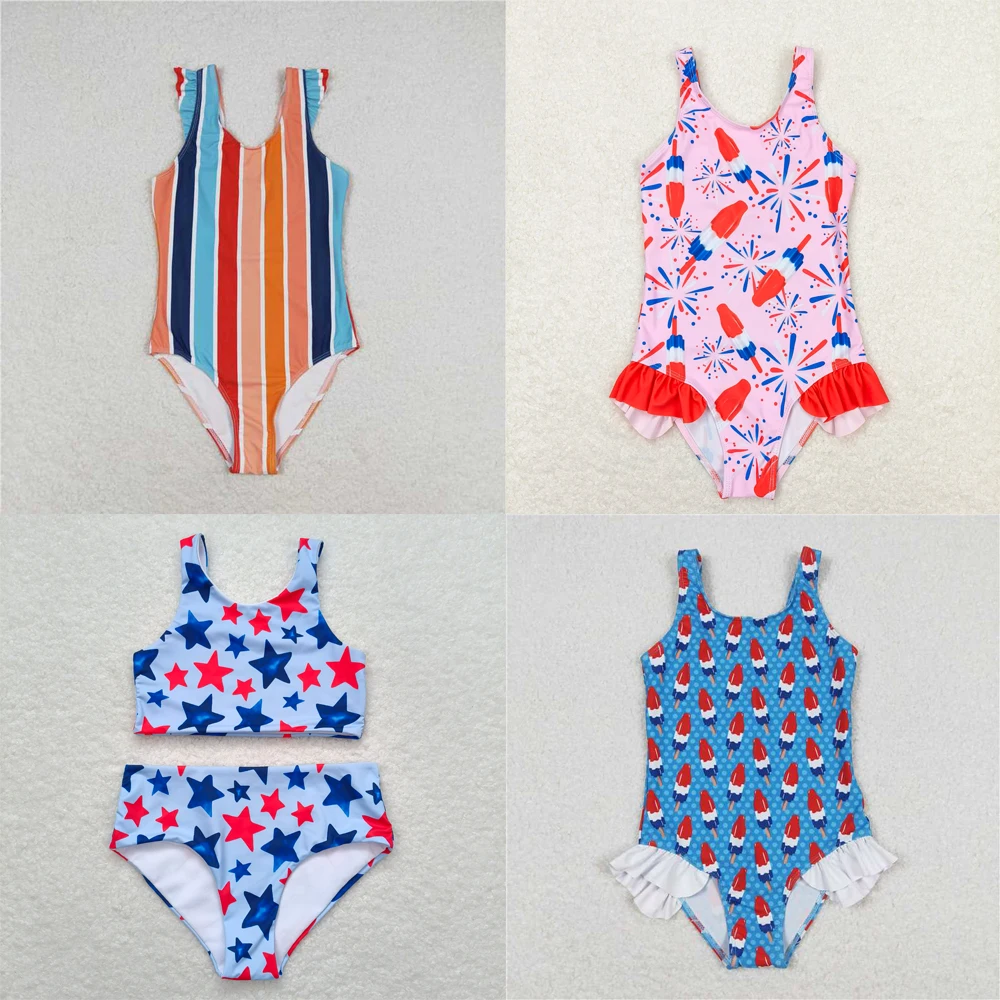 

wholesale hot sale 4th of July swimming western boutique baby girls clothes Fireworks Popsicle red lace pink one-piece swimsuits