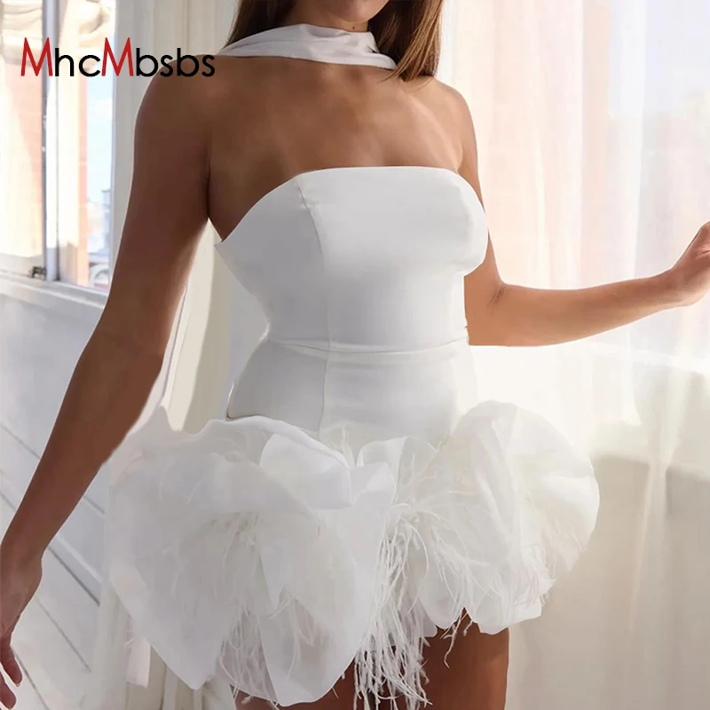 

White Tulle Night Prom Short Gowns Women Strapless Corset Feather Party Ball Mini Dress 2024 Summer Fairy Grunge Clothes