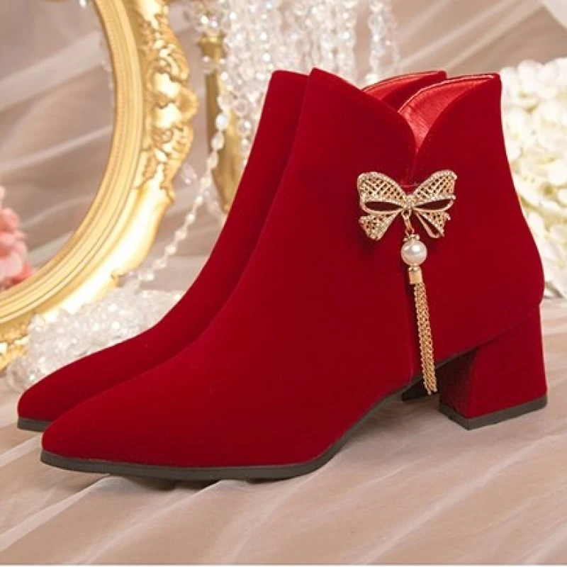 NEW Boots Flat Platform Women's Low Shoes Zipper Winter Footwear Clogs Ankle High Heel Pointy Rubber Red Ladies 2024 Pointed Toe