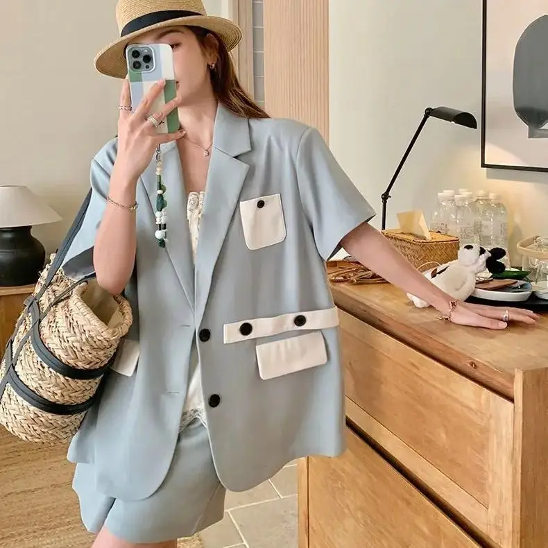 

Shorts Suit Contrast Stitching Korean Office Lady Clothing 2024Summer Korean Style Woman Kit Short Pants Sets Fashion Two Pieces