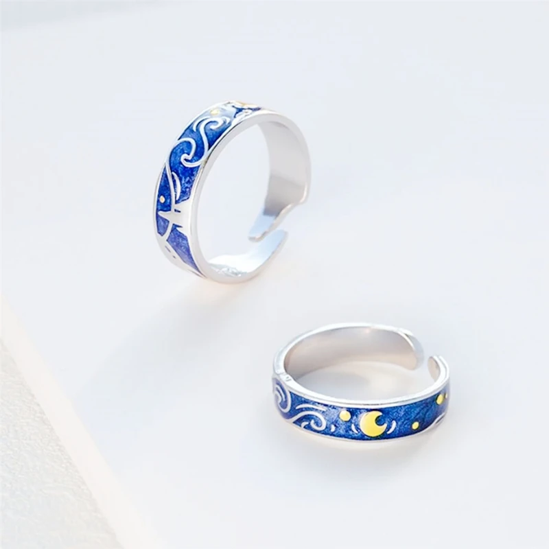 WYEAIIR 925 Sterling Silver Van Gogh Starry Sky Couple Ring Sweet Romantic Gift Resizable Opening Ring For Women Luxury Jewelry 4