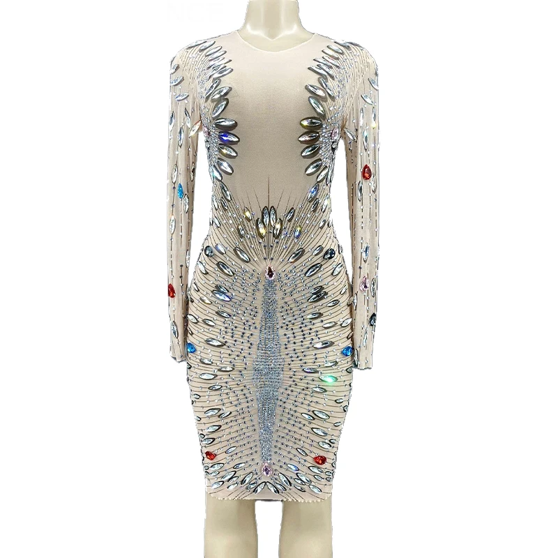 

Rhinestone Sexy Sparkly Crystals See Through Short Dress Prom Party Evening Outfit