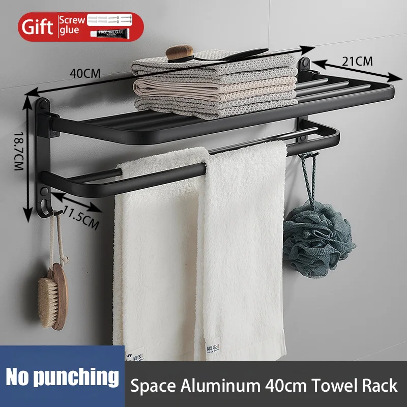 מדף תלוי למגבות בצבע שחור מאט עם תלייה לתליה על הקיר, מתאים למקלחת או לחדר האמבטיה