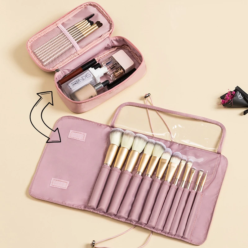Women's Portable Foldable Cosmetic Bag with Large Capacity Nylon Makeup Toiletry Storage Brush Travel Case Beauty Accessories