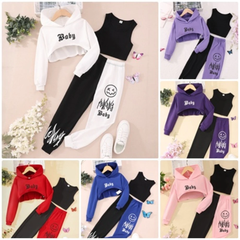 

2024 Kids Girl Set Children Clothes Hooded Hoodie + Vest + Pants Spring Summer Outfit Streetwear Suit 7 8 9 10 11 12 Years Old