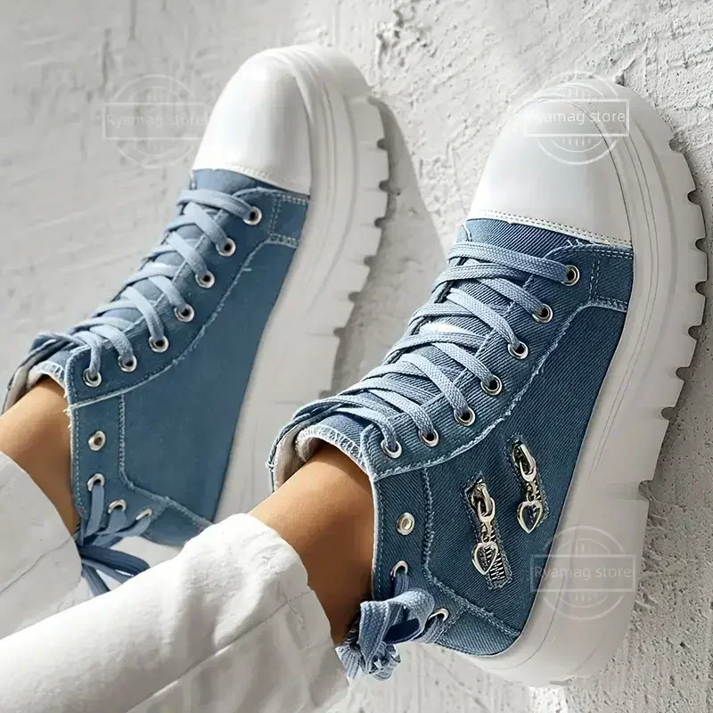 Sneakers Women's Solid Color Denim Canvas Sneakers Lace Platform Soft Sole Shoes Zip 4