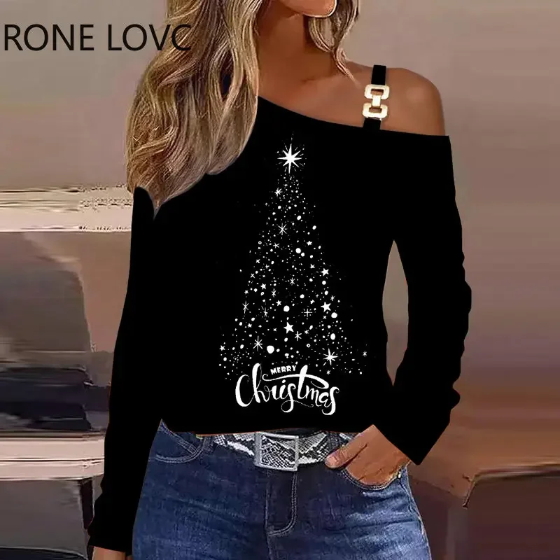 

Женская шикарная блузка с принтом рождественской елки, с открытыми плечами и надписью, с цепочкой и растениями, Женский Топ