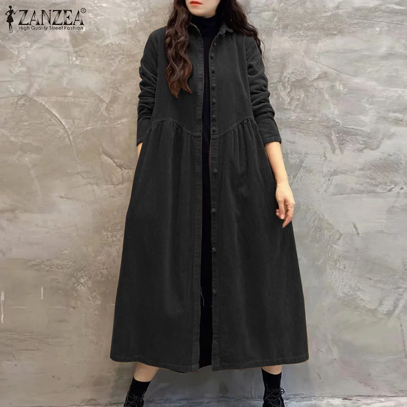 Frauen Herbst Cord Kleid ZANZEA Casual Langarm Buttons Up Sommerkleid Solide Lose Urlaub Vestido Kaftan Vintage Hemd Kleid – Detail 10