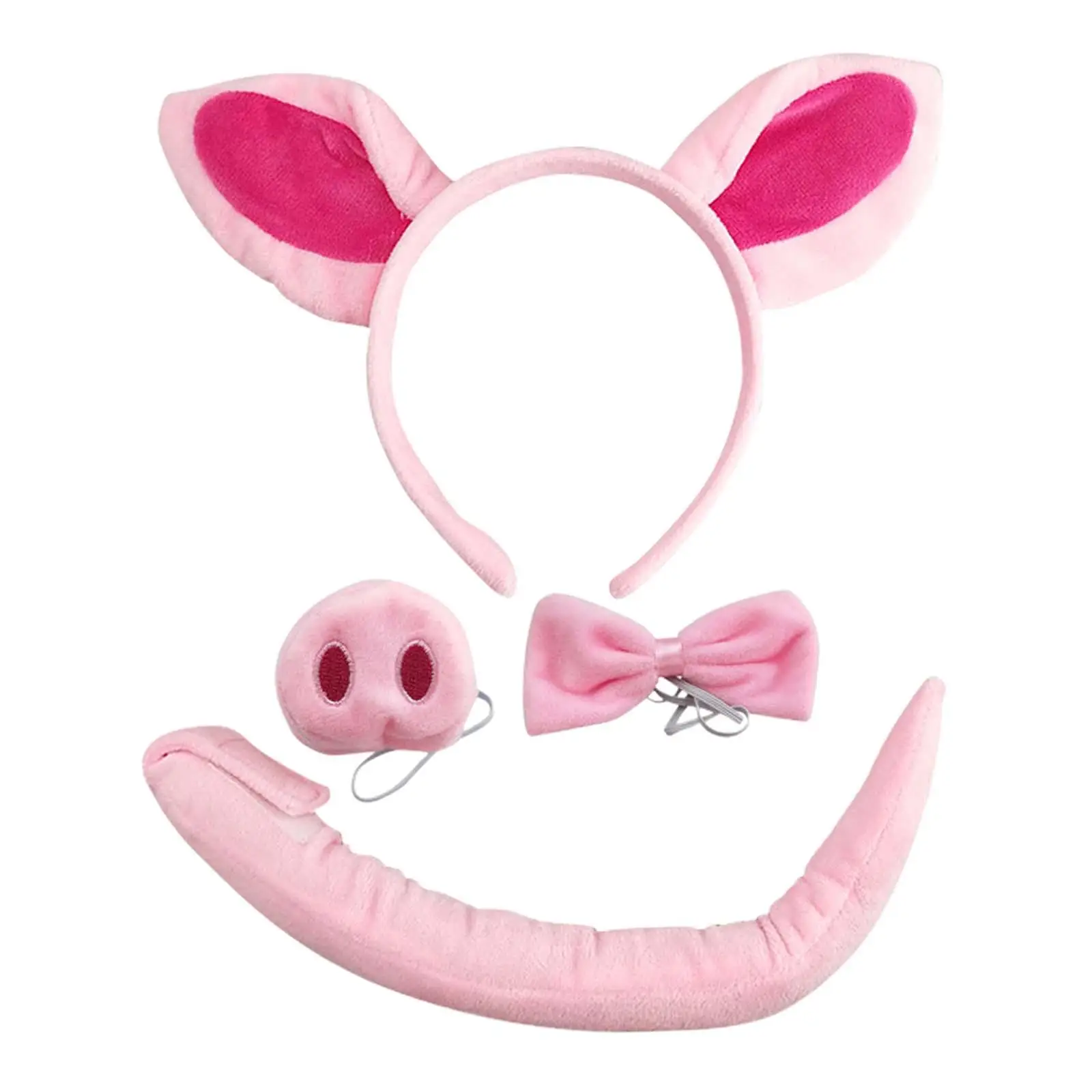 Pig Costume Hairband Elastic Strap Ears Headband Nose Bowtie Tail Cosplay Set for Carnival Animal Themed Parties Halloween Kids