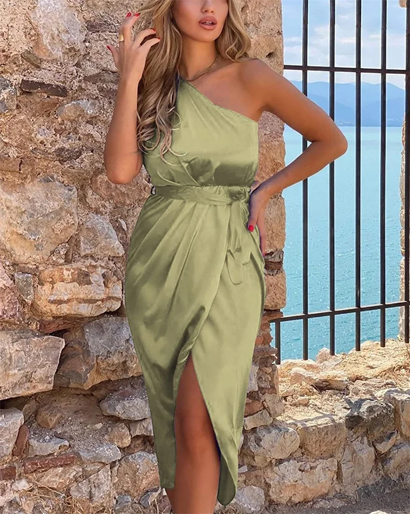

Women's 2023 Summer Ruched Bodycon Dress Sleeveless One Shoulder Wrap Satin Belted Cocktail Midi Dresses Ladies Vestidos