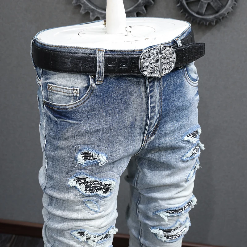 Street Fashion Men Jeans Retro Washed Blue Elastic Stretch Skinny Fit Hole Ripped Jeans Men Patched Designer Hip Hop Brand Pants