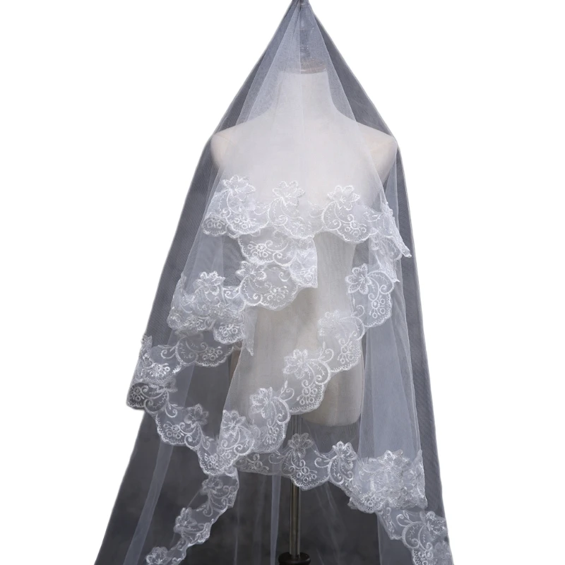 

N58F 150cm Women Bridal Short Wedding Veil White One Layer Lace Flower Appliques