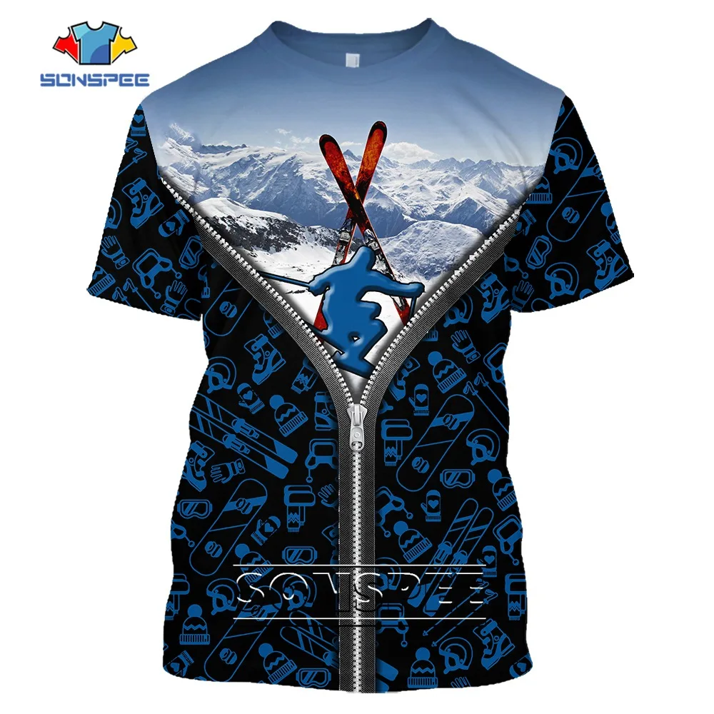 

SONSPEE Snow Mountain Scenery 3D Printed Garment Summer Skiing Graphic Short Sleeve Sportswear Man Oversized Kids T-shirt Tops