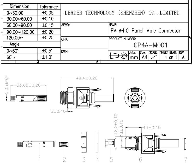 Description Picture 3 of itemLEADER 5 Pairs/lot PV 1000V Connector for Solar Panel Mount and Inverter Panel Solar Connector Solar Coupler IP67 SY-CP4C