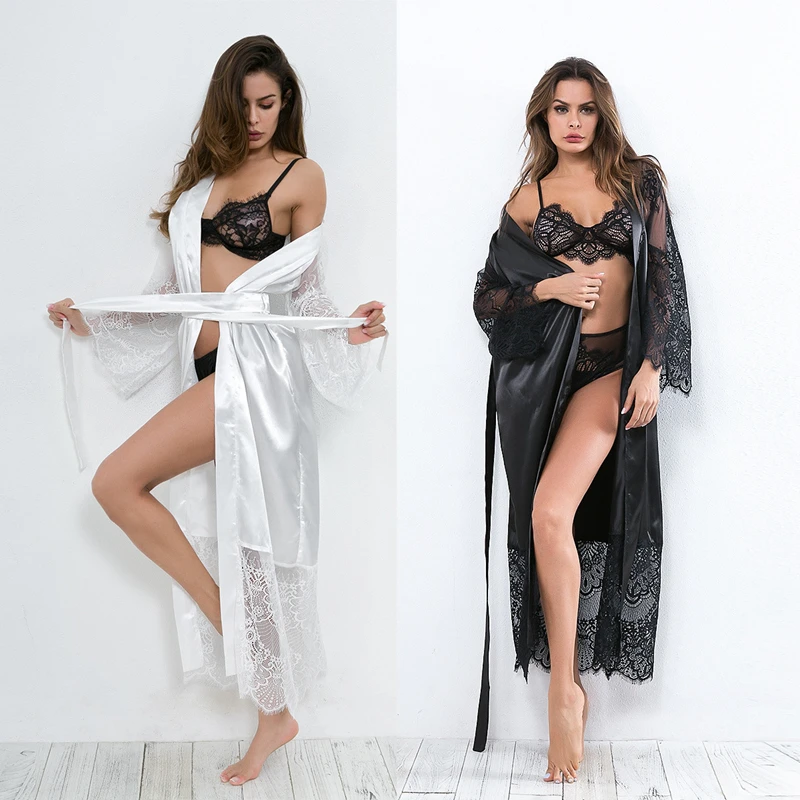 Women Sleepwear Bride Robes Sexy Wedding Dressing Gown Women Long Satin Lace Silk Kimono Bathrobe Bridesmaid Nightwear See Through