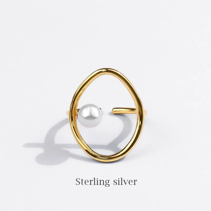 Geometric Hollow Simulated-pearl Ring for Women Silver Color Simple Line Open Rings Jewelry Accessory