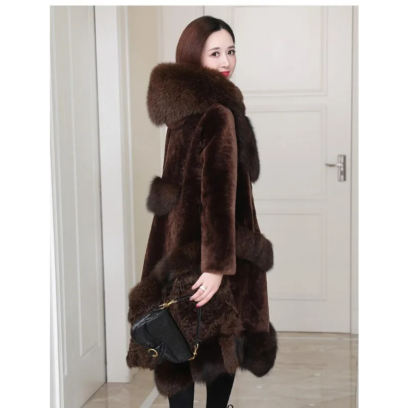 2023 Winter New Mink-like Coat Middle-Aged Women Long Below The Knee Lamb Wool Fur Outcoat Female Fashion Hooded Warm Outwear