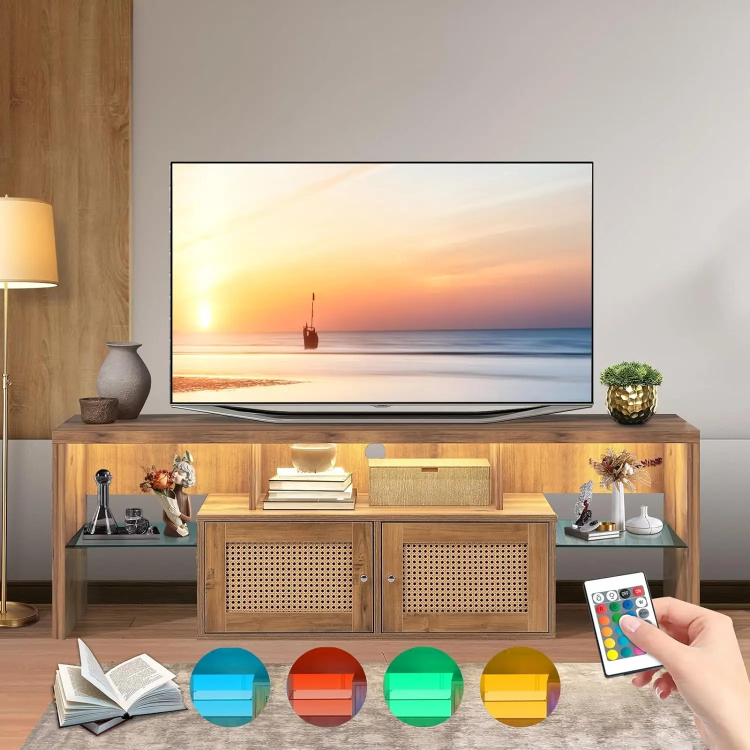 

ТВ-подставка для телевизоров до 70 дюймов, современный развлекательный центр из ротанга с шкафом для хранения и 2 дверцами, большой Boho Media Co