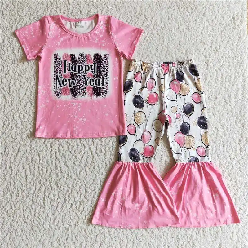 

Wholesale Baby Girl Pink Short Sleeves Kids Happy New Year T-shirt Tee Set Toddler Children Balloon Bell Bottoms Pants Outfit