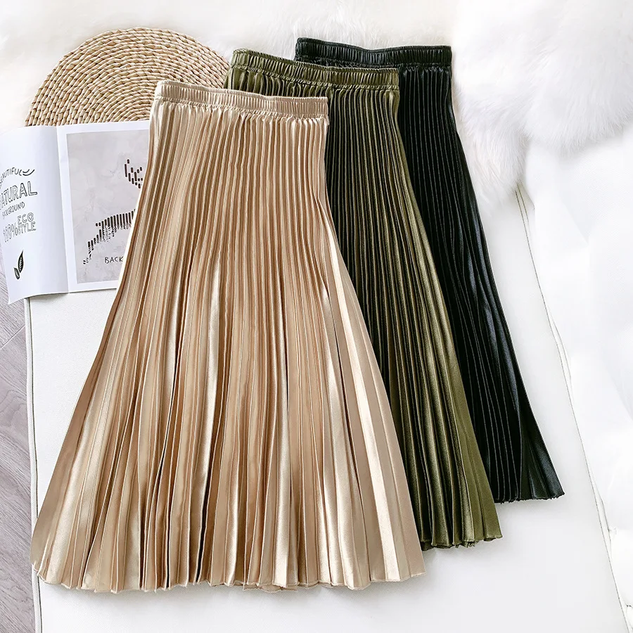 

2023 New High Waisted Satin Solid Color Pleated Half Length Autumn Versatile Women Retro Mid Slim A Line Skirt H901