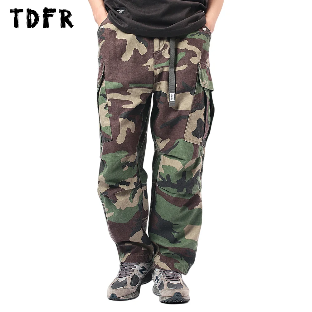 

Pocket Camouflage Cargo Pants Mens Pleated Safari Style Elastic Waist Loose Wide Leg Tapered Pants Men