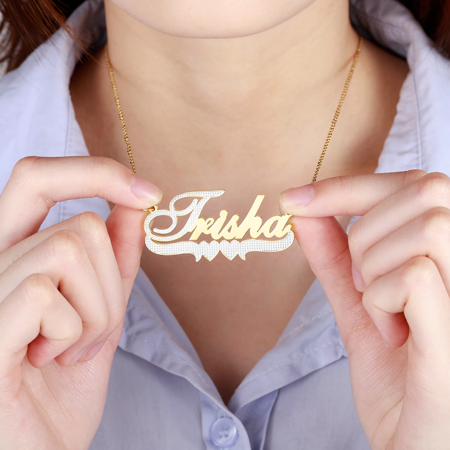 Customized Stainless Steel Gold Plated Two Tone Personalized Name Necklace With Heart Double 3D Name Necklace For Women Jewelry