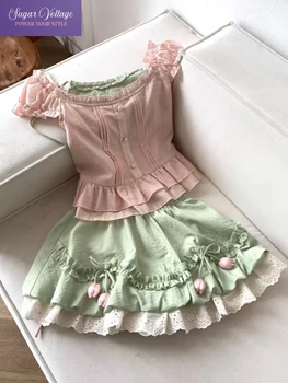 Japanese Sweet 2 Piece Set Women Slim Ruffle Top + Lace Layered Mini Skirt Female Harajuku Casual Summer Kawaii Fashion Outfits 1