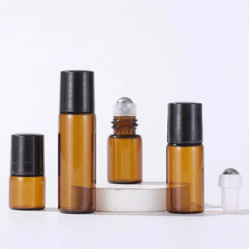 Refillable Cosmetic Bottle 100pcs 1ml 2ml 3ml 5ml Glass Roll On Bottles For Essential Oils Amber Refillable Glass Roller Metal Oil Vials Mini Bottle