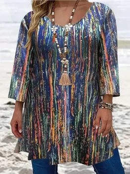 Women's Plus Size Fashionable Full Body Printed T-shirt Ladies Casual Long Sleeved Casual Loose T-shirt Versatile Elegant Top 1