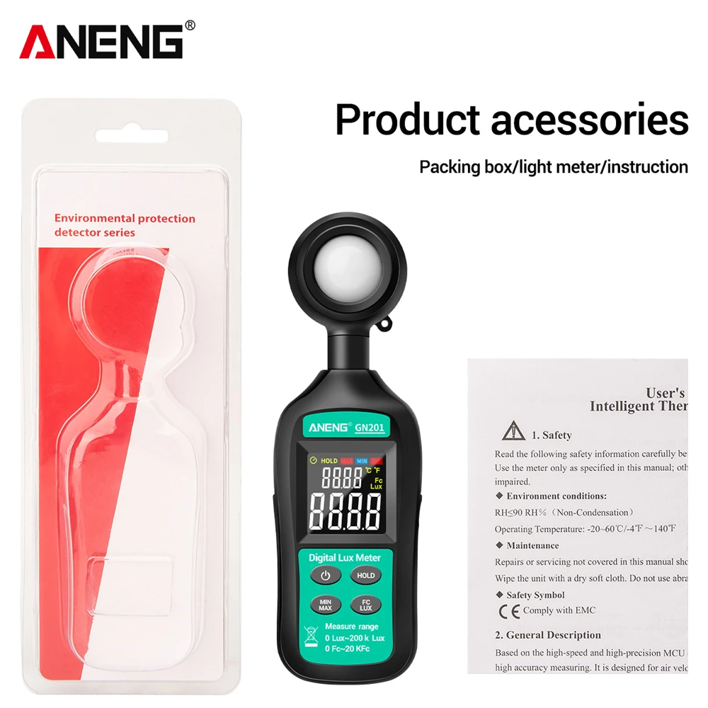 ANENG GN201 Luxmeter Digital Light Meter 200K Lux Meter Photometer UV UV Radiometer Handheld Illuminometer Photometer