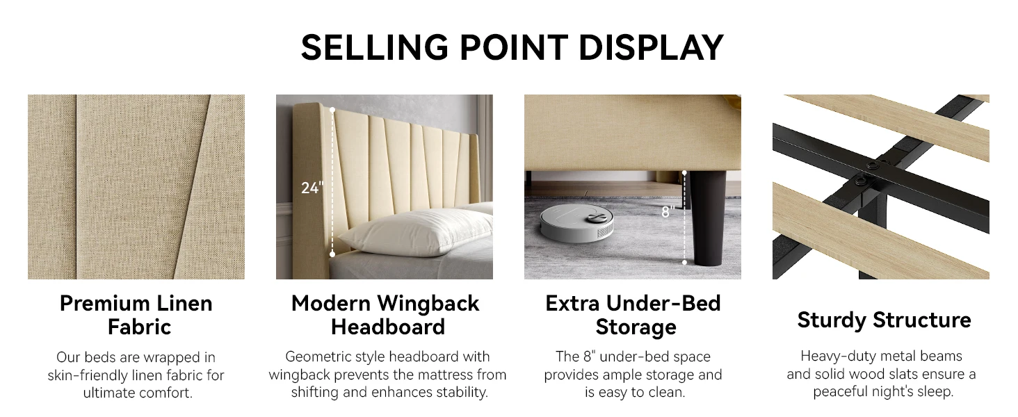HOOMIC Platform Bed Frame with Geometric Wingback Headboard, Wooden Slats Support, No Box Spring Needed Allewie