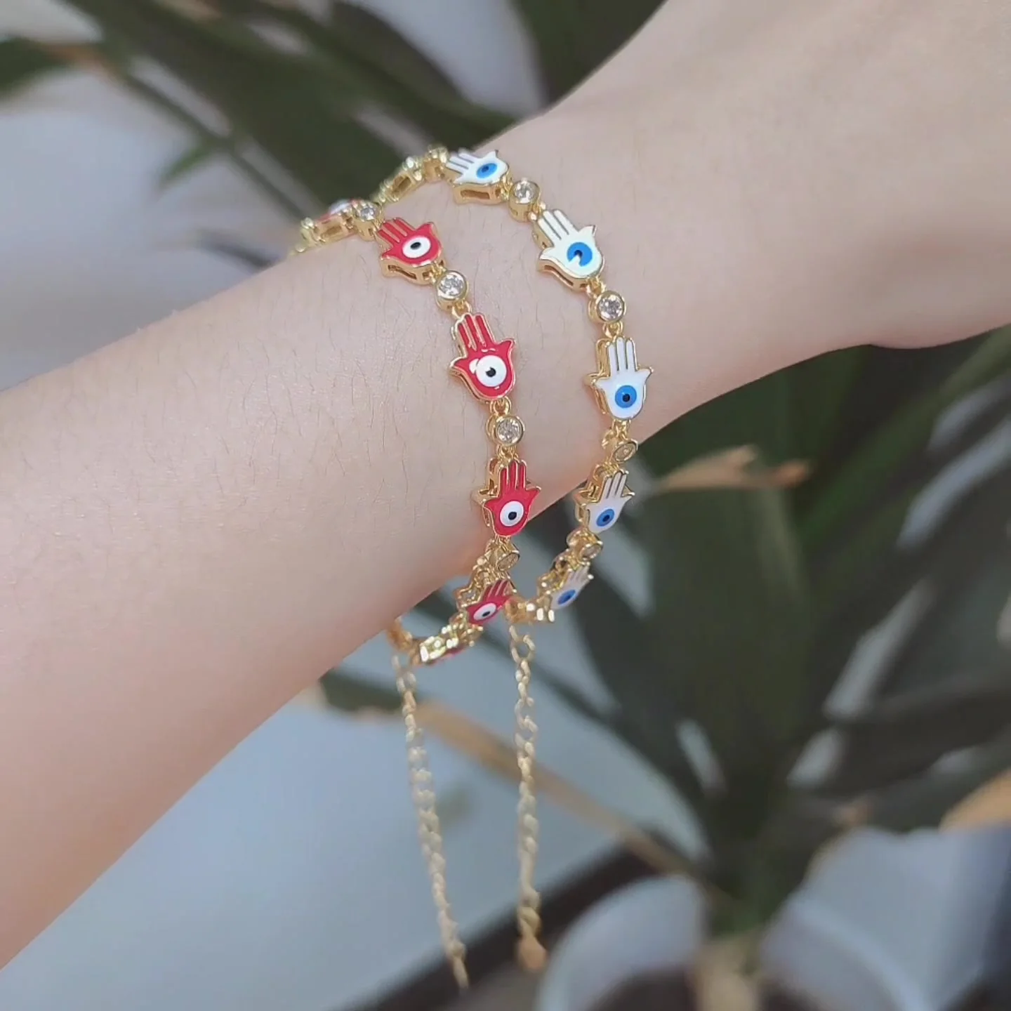プラクルアン バングル　ゴールド ルアンプーマハシラー FLOLA Chain Eye Fatima Hand Bracelet Copper Zircon Enamel