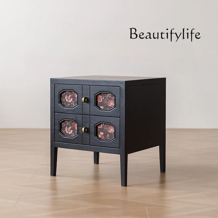 

French Style Retro National Style Solid Wood Bedside Cabinet Black Mid-Ancient Bedside Cabinet Sofa Nordic Bedside Table