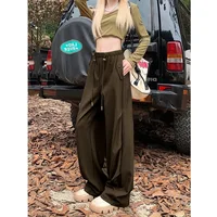Korean Internet Celebrity Personalized Work Pants for Women with Elastic Waist Drawstring Straight Tube Casual Loose Wide Leg 1