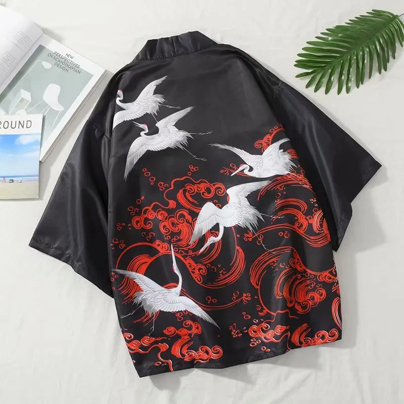 Men's Women's Kimono Cardigan Jacket Print Crow Kimono Haori Yukata Japanese Shirt Samurai Clothes Plus Size Men Clothing