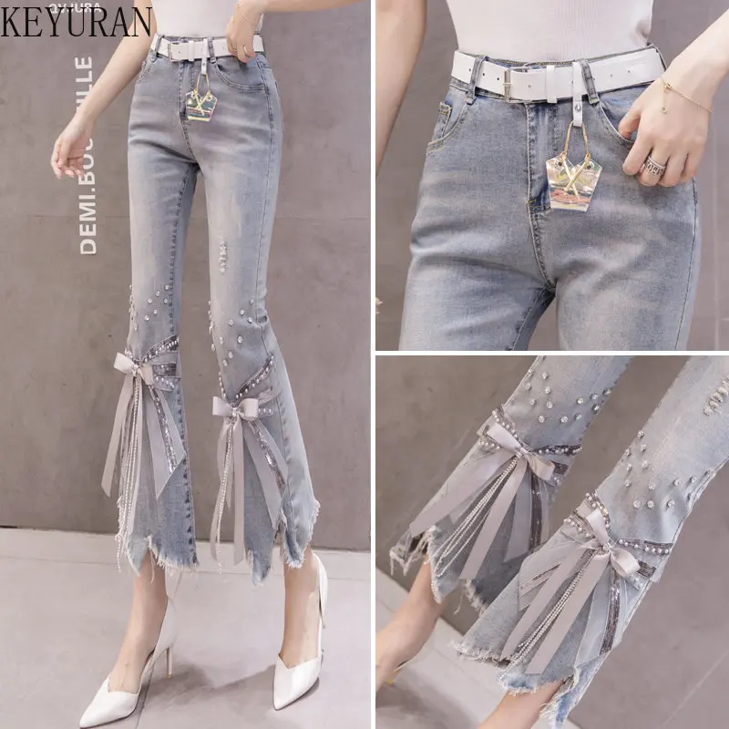 High Waist Jeans Women Ripped Cropped Jeans Women\'s 2023 Spring Summer New Irregular Beaded Bow Flared Denim Pants Ladies Jeans