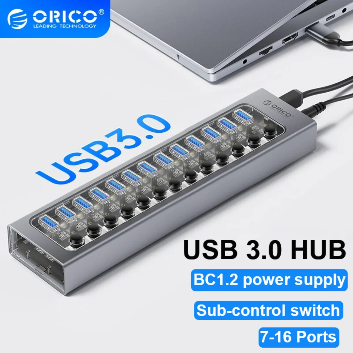 Soquete Divisor de Hub Usb Alimentado por Orico com Interruptores Ligados e Desligados Adaptador de Energia para pc Extensão Usb 3.0 12v 10 13 16 Portas