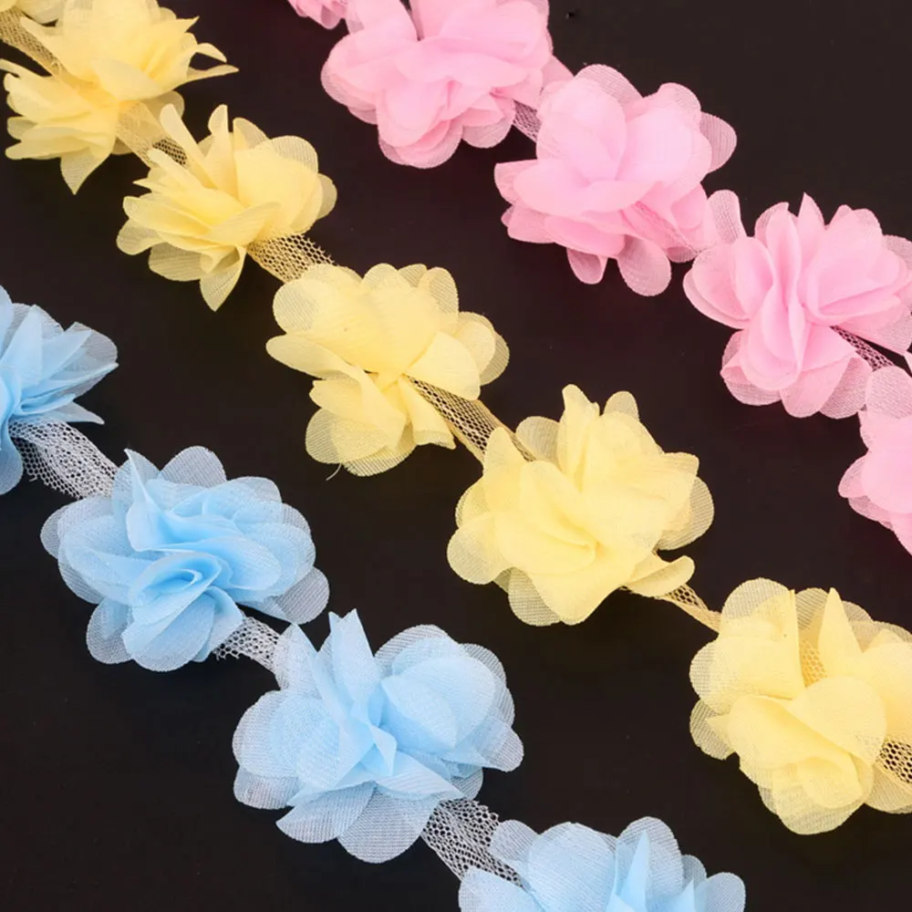 2 Yards 5.5cm Wide 3D Chiffon Flower Lace Trim Ribbon Hair Band Fabric Applique Decor Handmade DIY Clothing Sewing Accessories