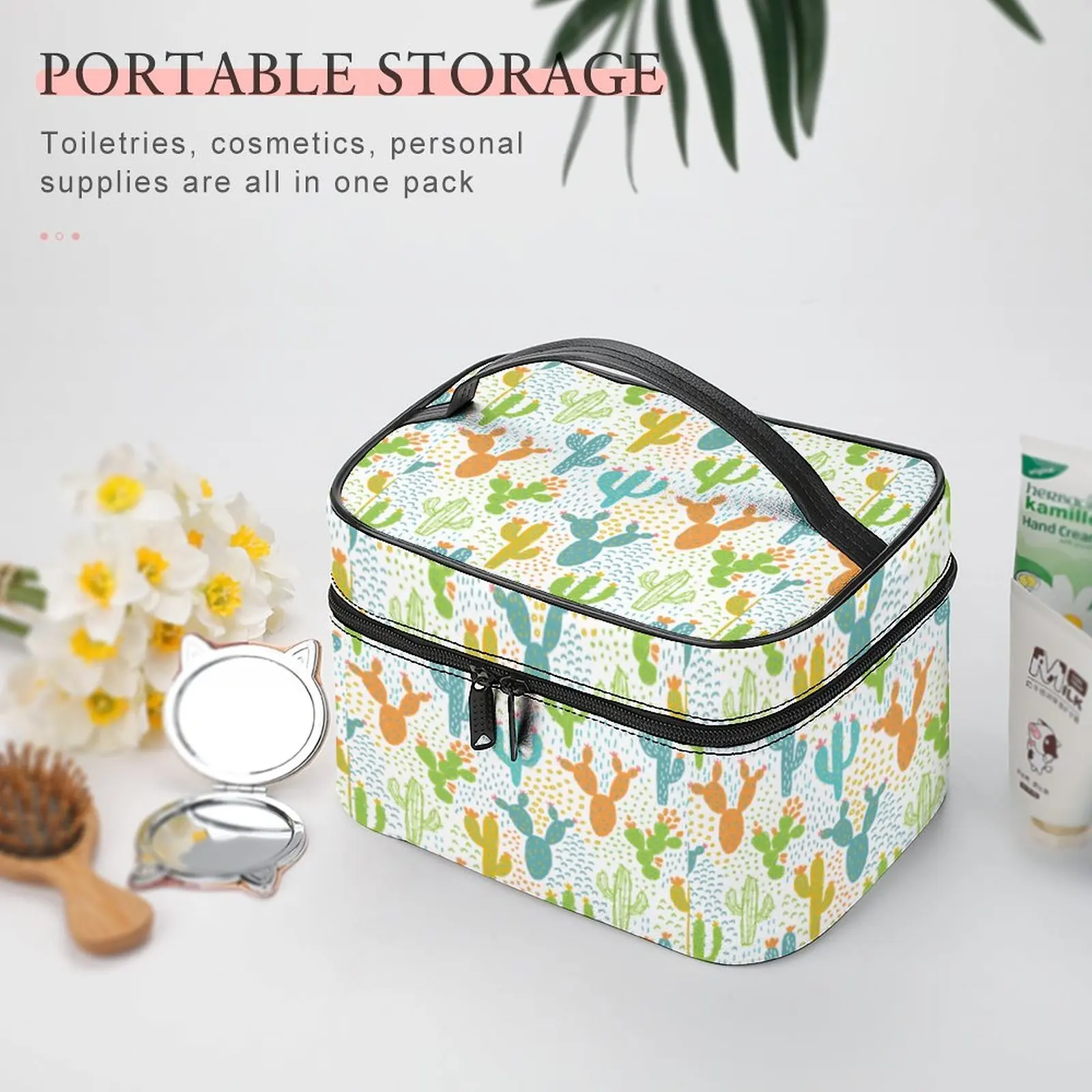 Customized Pattern Makeup BagPainted Cactus Printing Makeup Bag Women Multifunction Cosmetic Bag Toiletries Storage Wash Bag