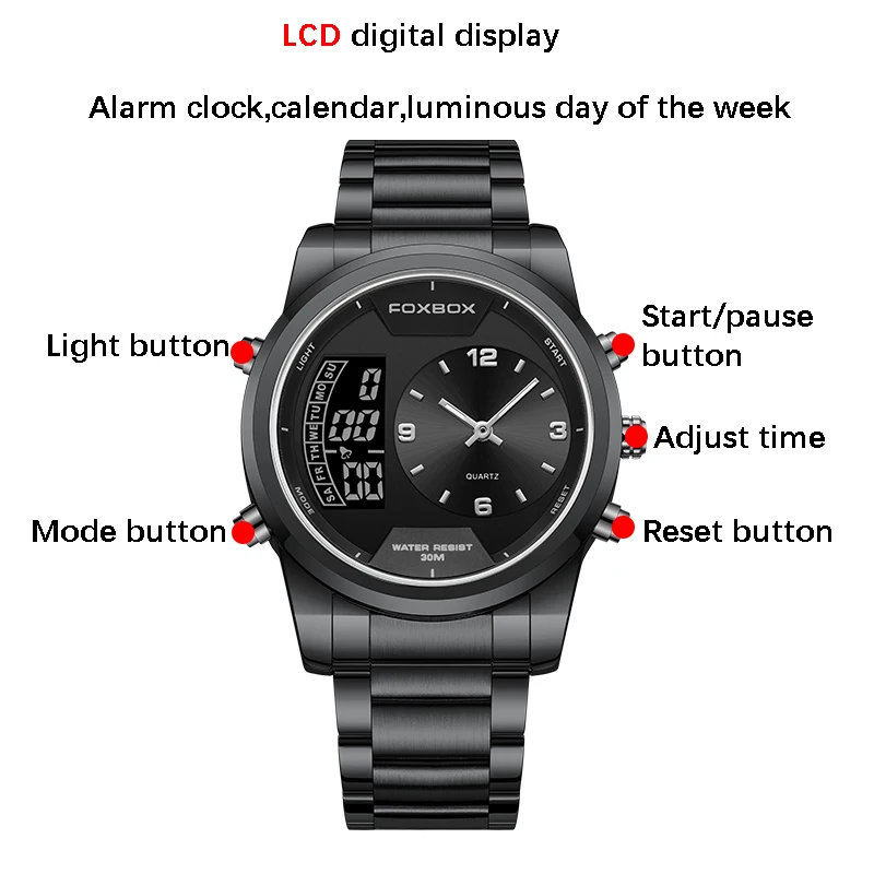 Top Luxury Brand FOXBOX Sport Men Watches Quartz Chronograph Analog clock Stainless steel Waterproof Military WristWatch For Man