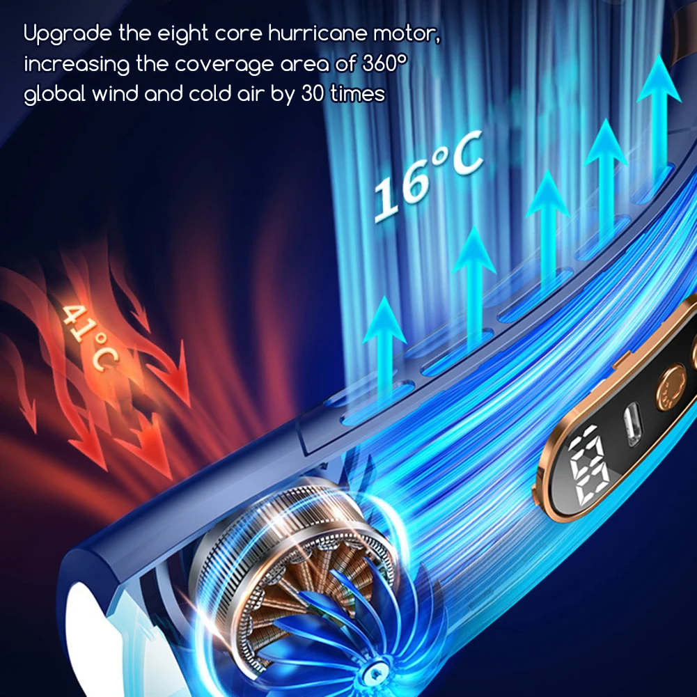 1800mAh USB Hanging Neck Fan Portable Bladeless Mini Rechargeable Mute LED Digital Display 5 Speed Electric Air Cooler Handheld
