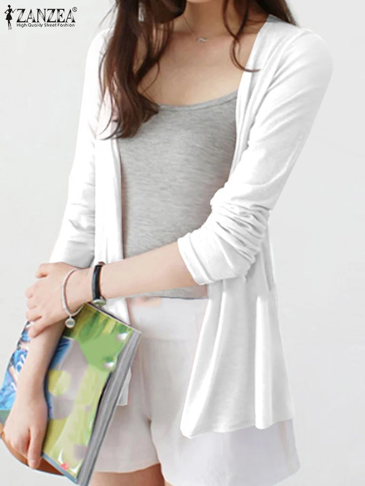 

Элегантные кардиганы, Весенняя женская блузка ZANZEA, модное однотонное кимоно с длинным рукавом, блузы, Женские кимоно, рубашка, тонкие топы с открытой передней частью
