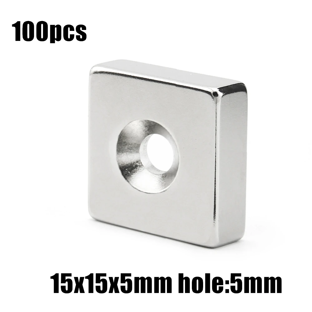 

100pcs 15x15x5mm hole:5mm Block NdFeB Neodymium Magnet N35 15x15x5-5 mm Super Powerful Permanent Magnetic