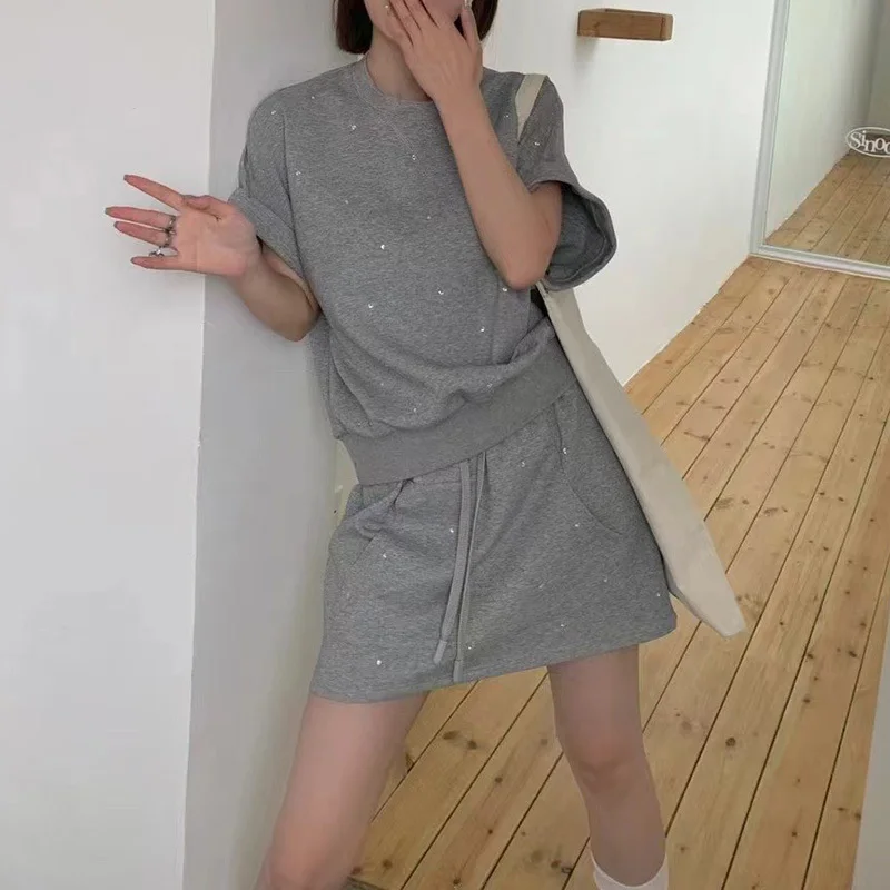 

Outfits For Women Matching Sets Classic Short Sleeve Loose Hot Drilling Top Fashion Casual Elastic Waist Skirt Summer New 2024