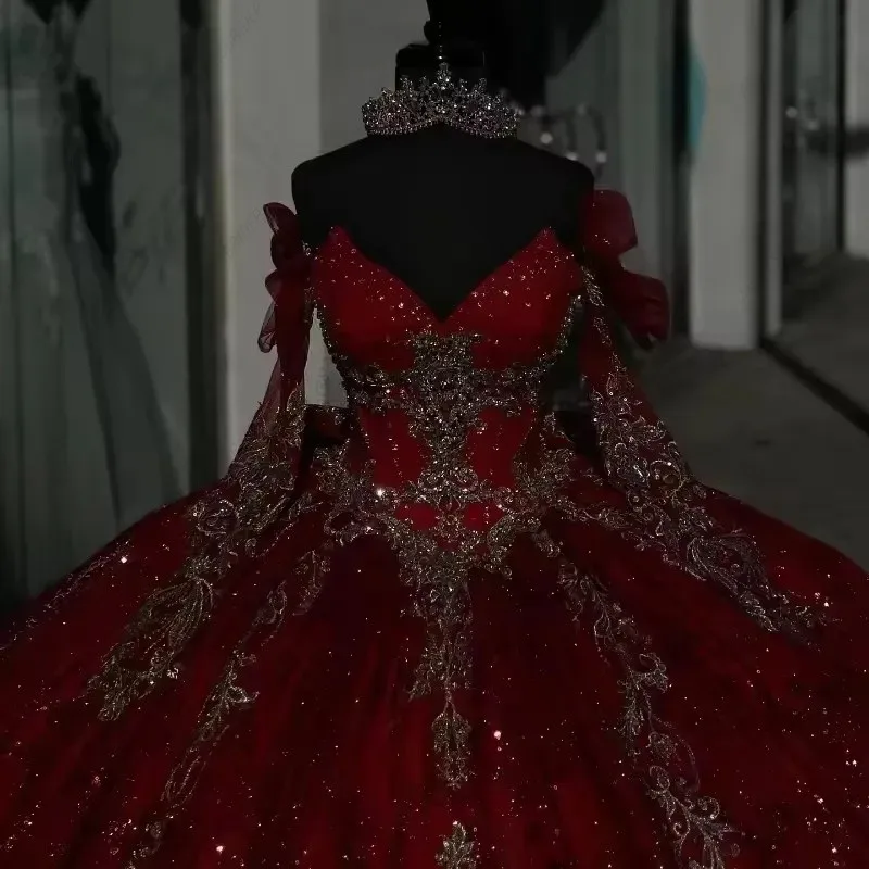 Red Long Sleeves Princess Quinceanera Dresses Gold Lace Appliqued Birthday Vestidos De 15 A&ntilde;os Quincea&ntilde;eras Sweet 15 Customized